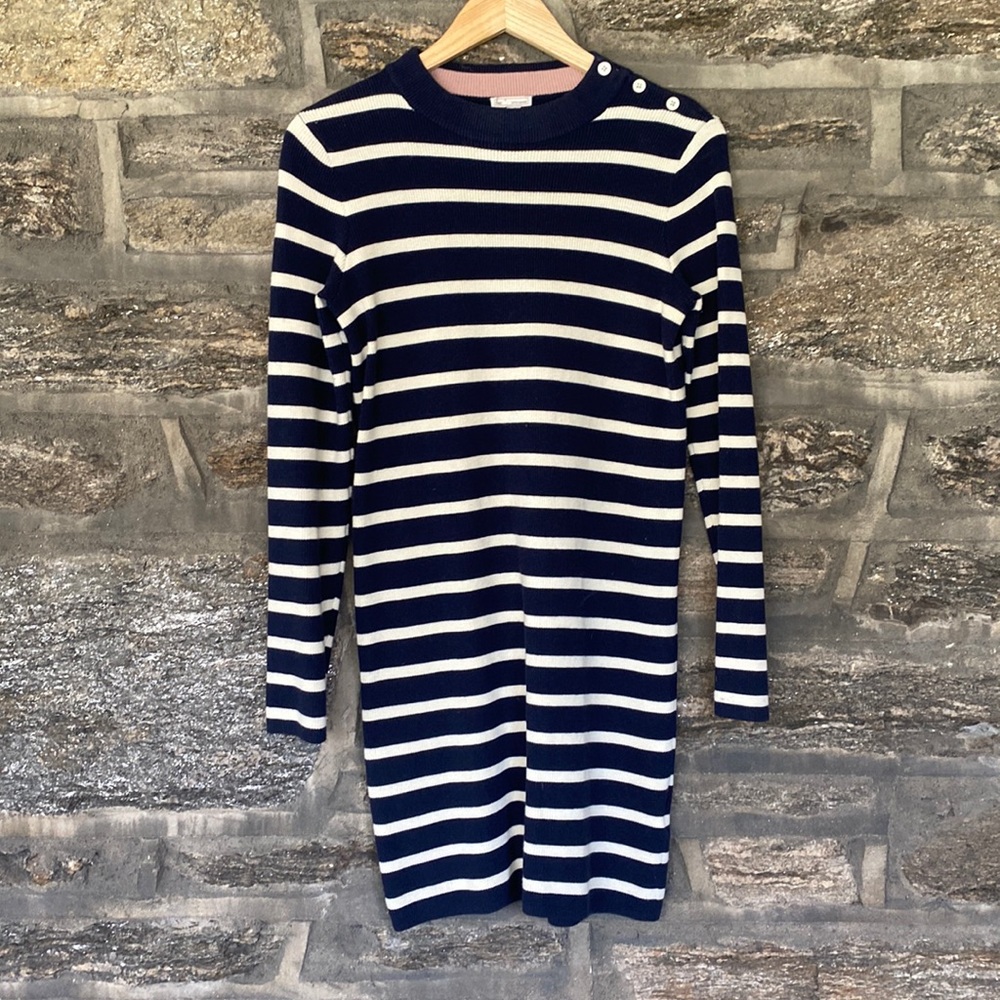 Striped Navy and White Long Sleeve Knit Dress